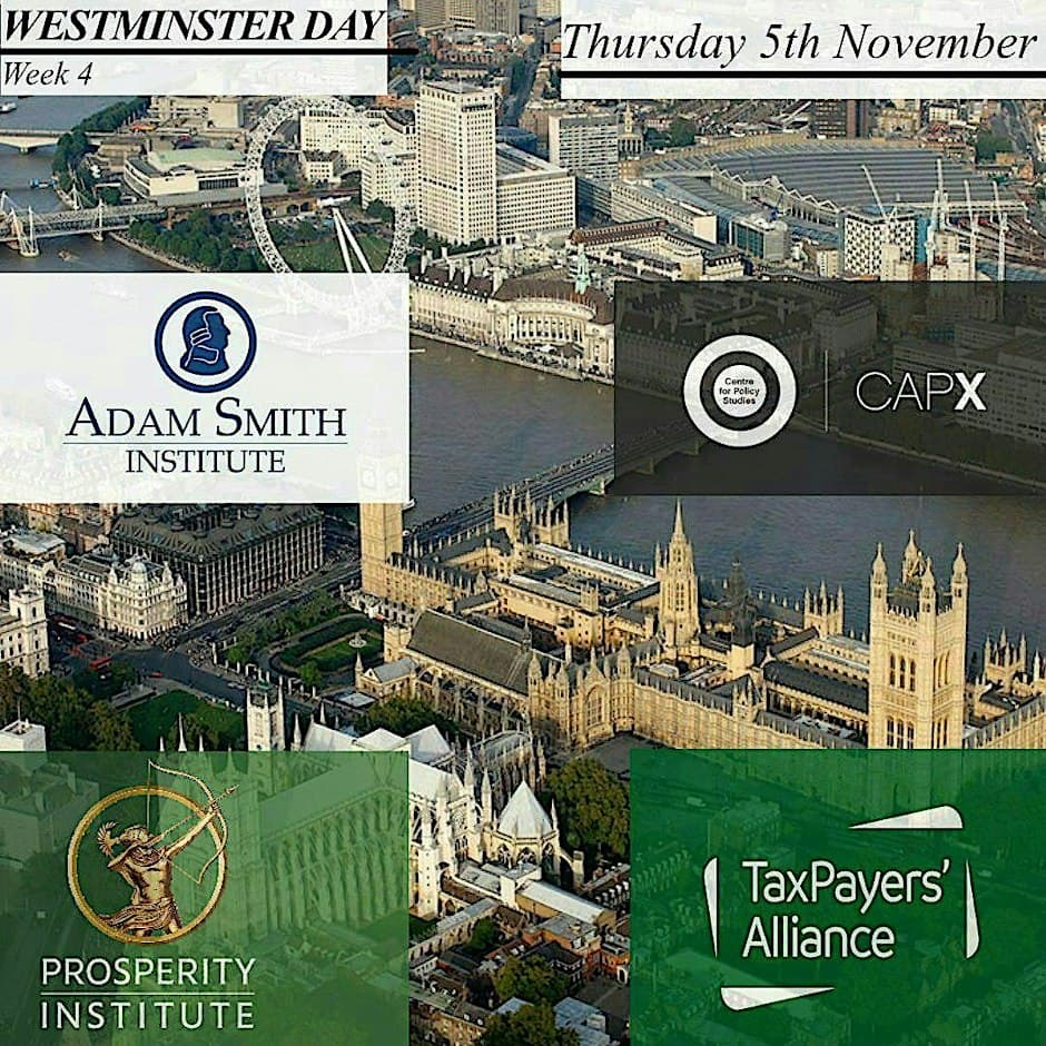 Aerial view of Westminster with the logos of the Adam Smith Institute, Centre for Policy Studies, CapX, Prosperity Institute and TaxPayers' Alliance